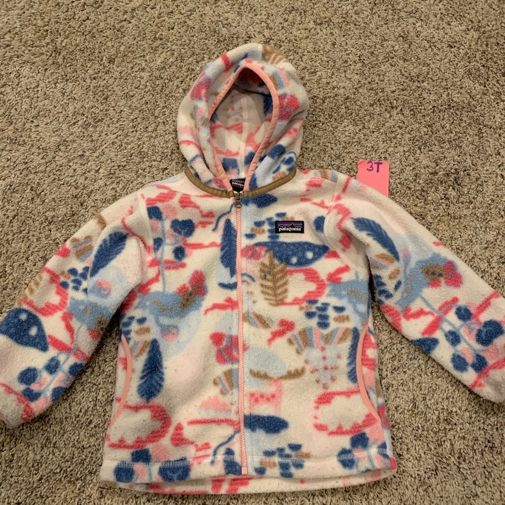Patagonia Kids Patterned Fleece Hoodie - Cream with Pink and Blue